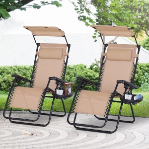 Outsunny 2 Piece Foldable Lounge Chair with Canopy Shade, Outdoor Zero Gravity Chair with Side Tray & Cup Holder, Reclining Lounger with Breathable Mesh Fabric Seat, Pillow, Beige