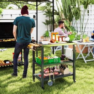 Outsunny Outdoor Kitchen Bar Cart BBQ Table with Wheels, Stainless Steel Pizza Oven Stand, Movable Prep Table with Hooks