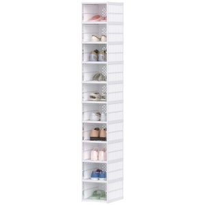 HOMCOM Stackable Plastic Shoe Boxes, 10 Pack Foldable Shoe Storage Boxes with Clear Door, No Assembly, Fit Size 10, White