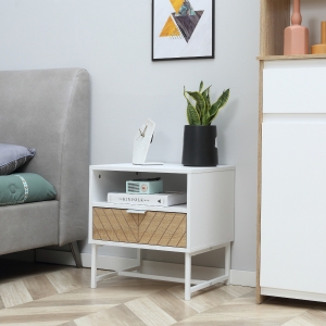 HOMCOM Modern Bedside Table with Drawer, Nightstand with Storage Shelf, Sofa End Table for Bedroom, White and Oak