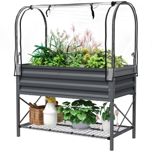 Outsunny Raised Garden Bed with Legs and Cover, Metal Elevated Planter Box with Bottom Shelf and Liner for Vegetables, Dark Gray