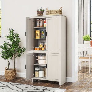 HOMCOM 64" Kitchen Pantry Cabinet, Freestanding Storage Cabinet with 4 Doors, 3 Adjustable Shelves, Antique White