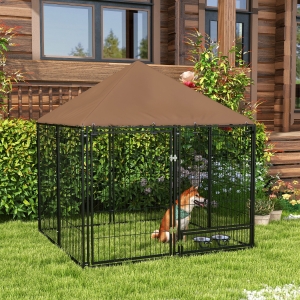 PawHut 4.6' x 4.6' x 5' Outdoor Dog Kennel with Canopy, Rotating Bowls, Coffee