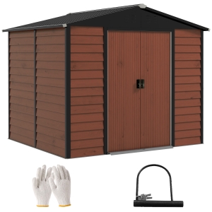 Outsunny 8' x 7' Outdoor Storage Shed, Galvanized Steel Metal Garden Shed with Lockable Doors, Floor Frame, Vents, Lock and Gloves for Backyard, Lawn, Patio, Teak