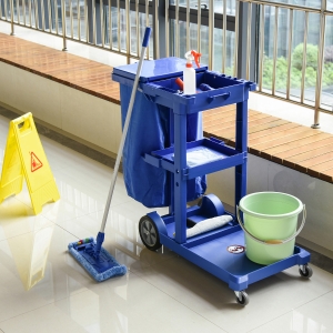 HOMCOM Commercial Janitorial Cart with 3 Tier Shelves Professional Cleaning Trolley with Rubbish Bag with Lid and Mop Mount for Hotel, Restaurant, Office,  47.75"x20"x39.25", Blue