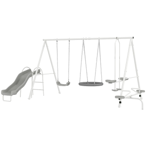 Outsunny 5 in 1 Kids Swing Set for Backyard with Heavy-Duty A-Frame Stand, Saucer Swing, Slide, Seesaw, Glider, Swing Seat, Gray