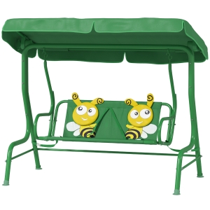 Qaba Kids Patio Swing Chair with Adjustable Canopy, Safety Belt for Patio, Garden, Poolside, Balcony, Dark Green