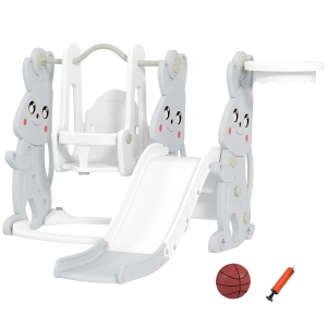 Qaba 4 in 1 Toddler Slide and Swing Set with Climber, Basketball Hoop, Rabbit Themed Kids Playset for Ages 1.5-4, Gray