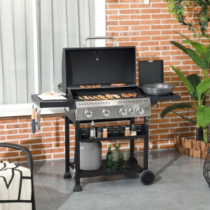 Outsunny 40,000 BTU Propane Gas Grill BBQ Cart with 4 Main Burners, 1 Side Burner, with Warming Rack, Side Prep Tables, Black