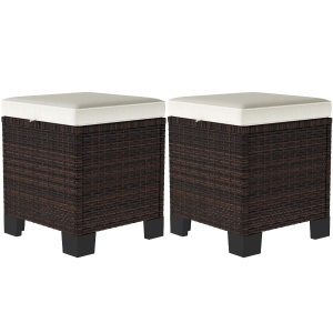 Outsunny 2 Piece Wicker Outdoor Ottomans with Cushions, Rattan Ottoman Footrest and Side Table for Patio, Yard, Poolside, Beige