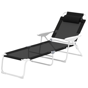 Outsunny Folding Chaise Lounge, Outdoor Sun Tanning Chair, 4-Position Reclining Back, Armrests, Removable Pillow, Black