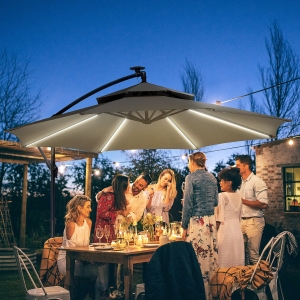 Outsunny 10FT Cantilever Patio Umbrella with Lights Solar Powered Offset Umbrella with Crank and Cross Base for Deck Light Grey