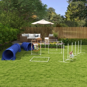 PawHut 7 Pcs Dog Agility Kit w/ Tunnels, Weave Poles, Adjustable Hurdles, Jump Ring, Pause Box, Whistle, Carry Bag, Blue