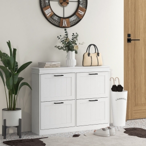 HOMCOM Shoe Storage Cabinet with 4 Flip Drawers and Adjustable Shelves, Narrow Shoe Cabinet for 20 Pairs of Shoes, White