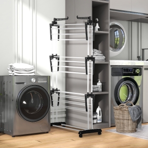 HOMCOM Foldable Clothes Drying Rack, 4-Tier Steel Laundry Rack for Drying Clothes with 2 Side Wings and 4 Castors, Indoor and Outdoor Use, Black