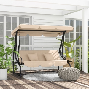 Outsunny 3-Seat Outdoor Patio Swing Chair, 2-in-1 Convertible Flat Bed, Canopy Swing with Adjustable Shade, Removable Cushions, Cup Holder, Light Brown
