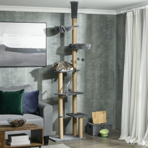 PawHut Floor to Ceiling Cat Tree, 90.5" - 98.5" Cat Tower with Scratching Post, Dangling Balls, Platforms, Bed, Hammock, Grey