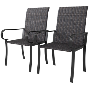 Outsunny Set of 2 Outdoor Wicker Dining Chairs with Armrest, Steel Frame, High Back and Deep Seating, Brown