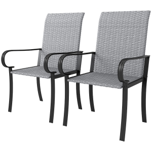 Outsunny Set of 2 Outdoor Wicker Dining Chairs with Armrest, Steel Frame, High Back and Deep Seating, Gray
