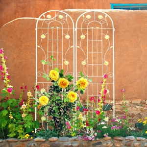 2 Pack Metal Garden Trellis with Leaves and Flower Decorations, Rustproof Climbing Plant Support, Easy to Assemble, Cream White