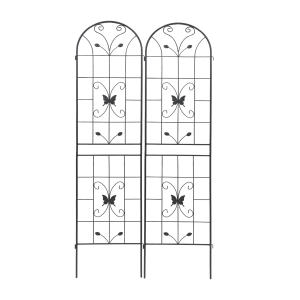 2 Pack Metal Garden Trellis with Butterfly Decoration, for Outdoor Climbing Plant Support, Rustproof, Black