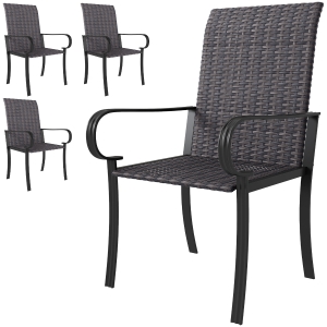 Outsunny Set of 4 Outdoor Wicker Dining Chairs with Armrest, Steel Frame, Highback and Deep Seating, Brown