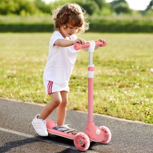 Qaba 3 Wheel Kids Scooter, Toddler Kick Scooter with Adjustable Height, Rear-Fender Brake, LED Light, TPE Handlebar, Pink