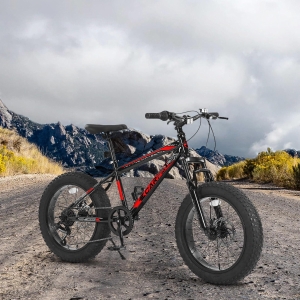 20" Kids' Fat Tire Mountain Bike with 7-Speed Drivetrain, and Dual Disc Brakes, for Ages 8-12, 63" L x 24.5" W x 35" H, Black+Red