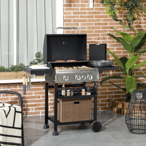 Outsunny 38,000 BTU Propane Gas Grill BBQ Cart with 3 Main Burners, 1 Side Burner, with Warming Rack, Side Prep Tables, Black