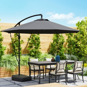 Outsunny 10FT Cantilever Umbrella with Fillable Base, Wind Strap and Cover, Offset Hanging Umbrella with Crank, UPF50+, Grey