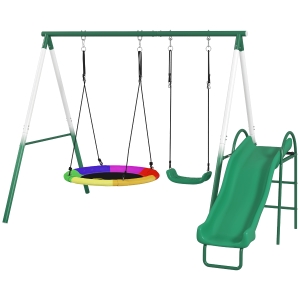 Qaba Metal Swing Set with Slide, Saucer Swing Seat, Heavy Duty A-Frame Stand and Adjustable Rope for Backyard, Dark Green