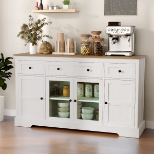 HOMCOM Sideboard Buffet Cabinet with Storage, Coffee Bar Cabinet with Glass Doors and Adjustable Shelves, Distressed White