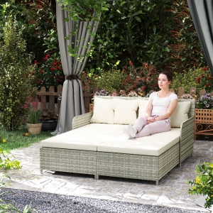 Outsunny Rattan Outdoor Daybed, Sunbed Loveseat with Soft Cushions, 4 Pillows, Curved Backrest & Armrest, Beige