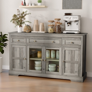 HOMCOM Sideboard Buffet Cabinet with Storage, Coffee Bar Cabinet with Glass Doors and Adjustable Shelves, Weathered Grey Oak