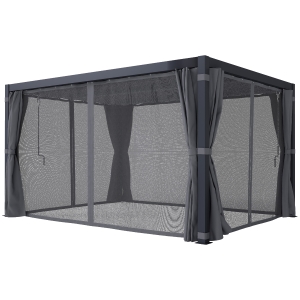 Outsunny 10' x 13' Outdoor Retractable Pergola w/ Sun Shade Louvered Top, Pergola w/ Canopy, Curtains, Netting, Dark Gray