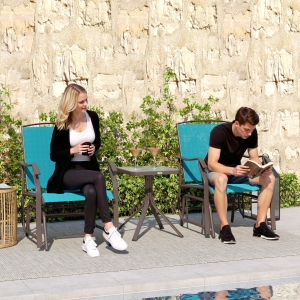 Outsunny 3 Piece Patio Glider Set Outdoor Gliders with Breathable Mesh Seat, Glass Top Table for Garden, Yard, Blue