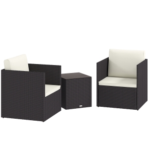 Outsunny Folding Wicker Bistro Set, 3 Piece Patio Furniture Set with Cushions and Glass Coffee Table for Porch, Balcony, Brown