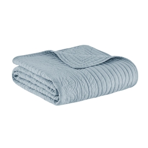 Antimicrobial Oversized Quilted Throw with Scalloped Edges, Microfiber and Cotton Blend, Machine Washable, 72" L x 60" W x 0.25" H, Blue
