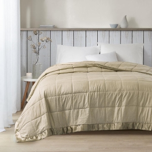Oversized Hypoallergenic Down Alternative Blanket with Satin Trim, Moisture-Wicking, Machine Washable, 96" L x 90" W x 0.25" H, Taupe