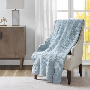 Antimicrobial Oversized Quilted Throw with Scalloped Edges, Microfiber and Cotton Blend, Machine Washable, 72" L x 60" W x 0.25" H, Blue
