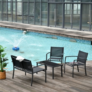 Outsunny 4-Piece Patio Furniture Set with Glass Top Coffee Table, Breathable Mesh Seat & Backrest for Garden, Balcony, Black