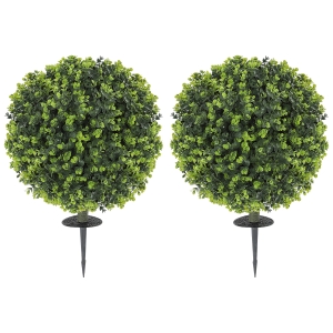HOMCOM 2 Pack 1.3ft Artificial Ball Eucalyptus Topiary with Ground Stake, UV Resistant Faux Greenery for Indoor Outdoor