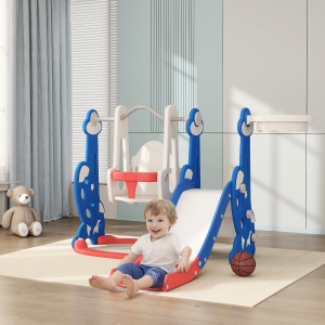 Qaba 4-in-1 Slide and Swing Set with Basketball Hoop, Climber, for Ages 1.5-4 Boys Girls Toddler, Rocket Themed, Dark Blue