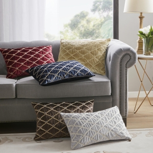 Luxurious Oblong Decor Pillow with Hand-Beaded Velvet Cover, Goose Feather Insert, Ideal for Living Room, Bedroom, 22" L x 15" W x 5" H, Silver