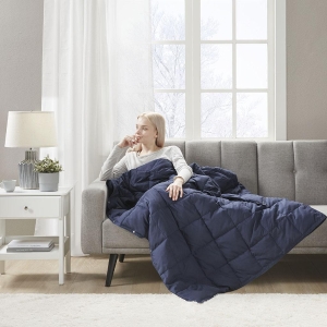 Machine Washable Wearable Multipurpose Throw with Goose Feather, Down Filling, Water-Repellent Microfiber, 68" L x 62" W x 0.25" H, Indigo