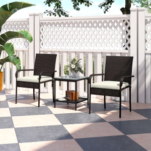 Outsunny 3 Piece Wicker Patio Furniture Set with Stackable Chairs, Washable Cushion, Tempered Glass Top, for Backyard, Brown