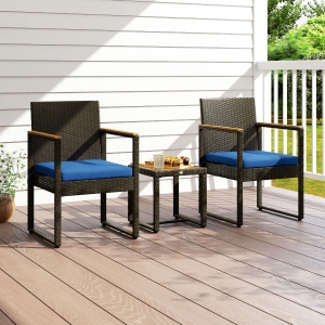 Outsunny 3 Pieces Wicker Patio Furniture Set, Rattan Bistro Set w/ Acacia Wood Table & Removable Cushions, Dark Blue