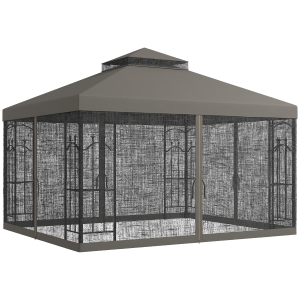 Outsunny 10x12 Gazebo with Shelves, Double Roof, and Netting for Outdoor Use, Perfect for Family Gatherings, Gray