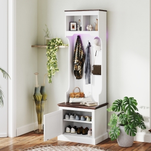 HOMCOM 3-in-1 Hall Tree with LED Lights and Bench, Coat Rack with Shoe Storage, White Wood Grain with Light