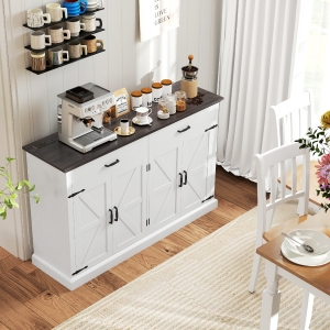 HOMCOM 55" Buffet Cabinet, Farmhouse Sideboard with 1.2" Thick Top, 4 Barn Doors, 2 Drawers and 2 Adjustable Shelves, White